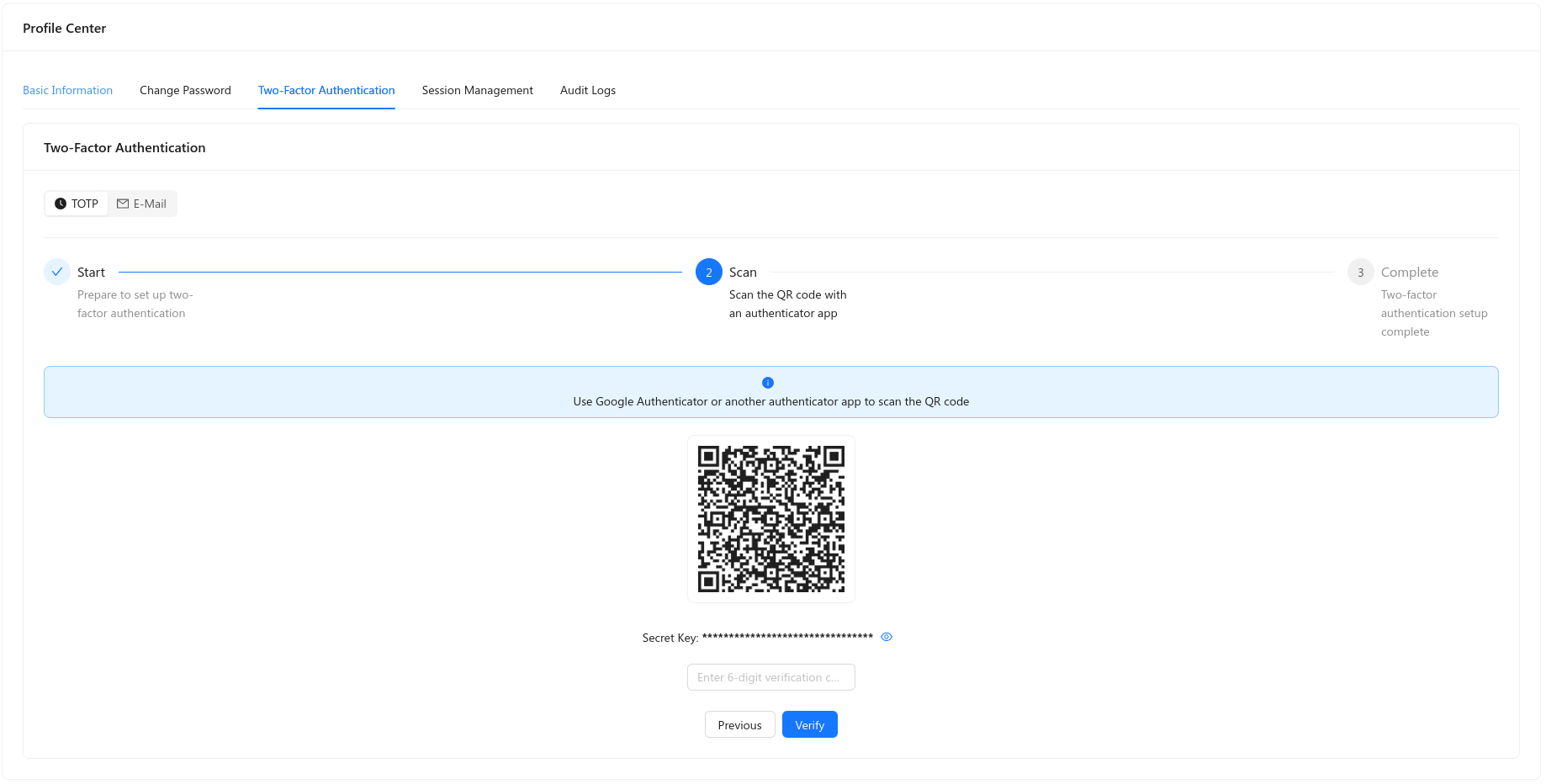 Profile Center: Two-Factor Authentication, TOTP setup with QR code and verification