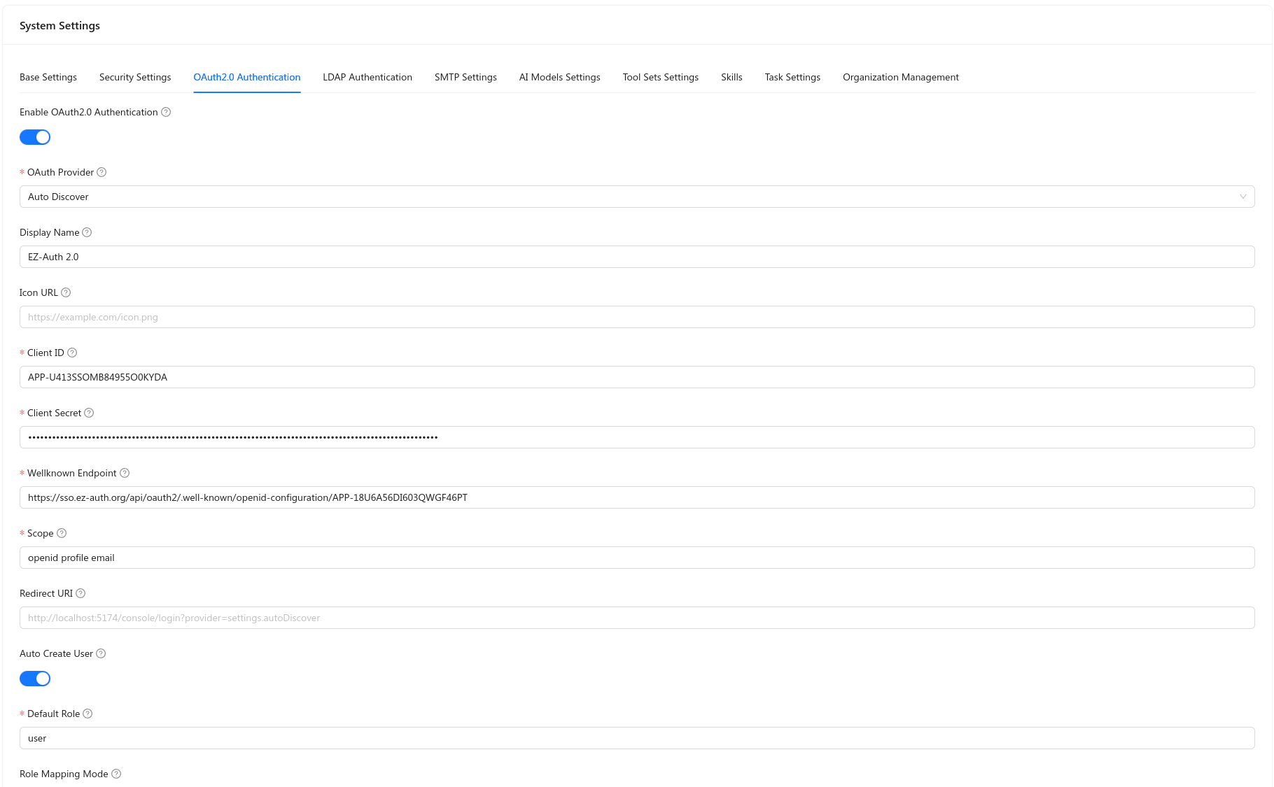 System Settings: OAuth2.0 Authentication